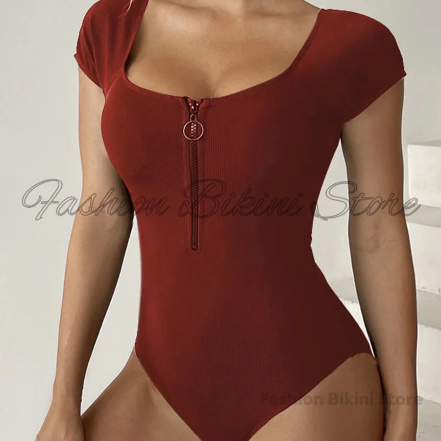 2026 Short Sleeve Swimsuit Women One Piece Solid Swimwear Female Zipper Bathers Bathing Swimming Suit Summer Beachwear Bodysuit