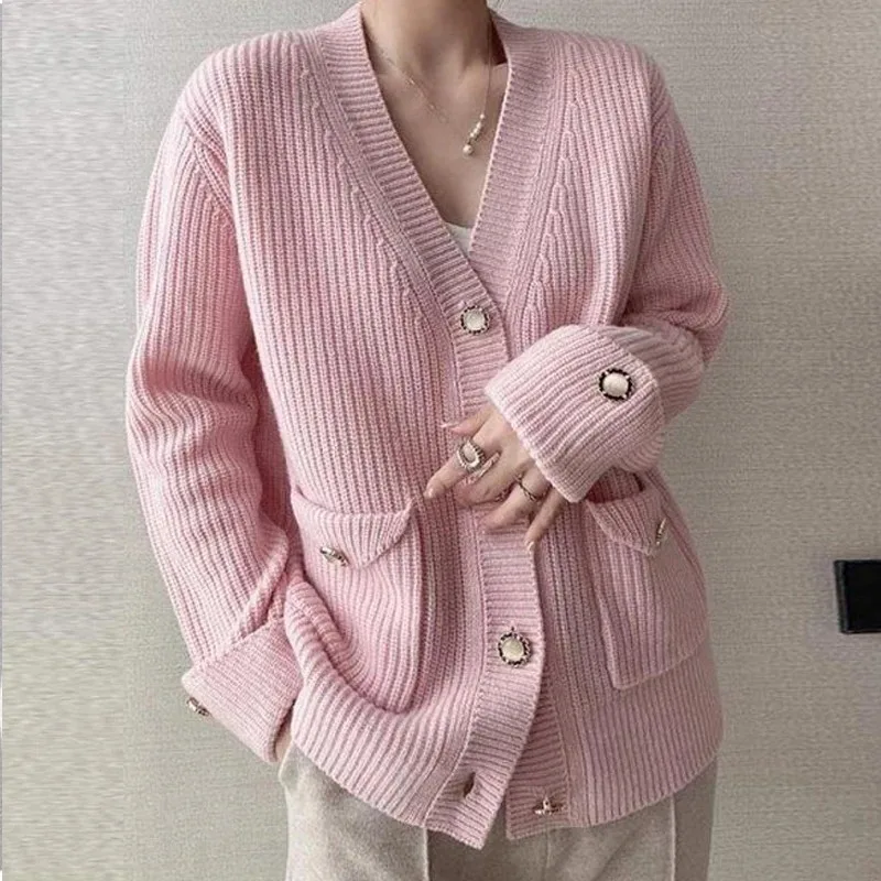 Casual Button Pocket Knitted Cardigan Autumn Winter Korean Fashion Women Tops Loose Knit Coat Sweater Outerwear Clothing 28347