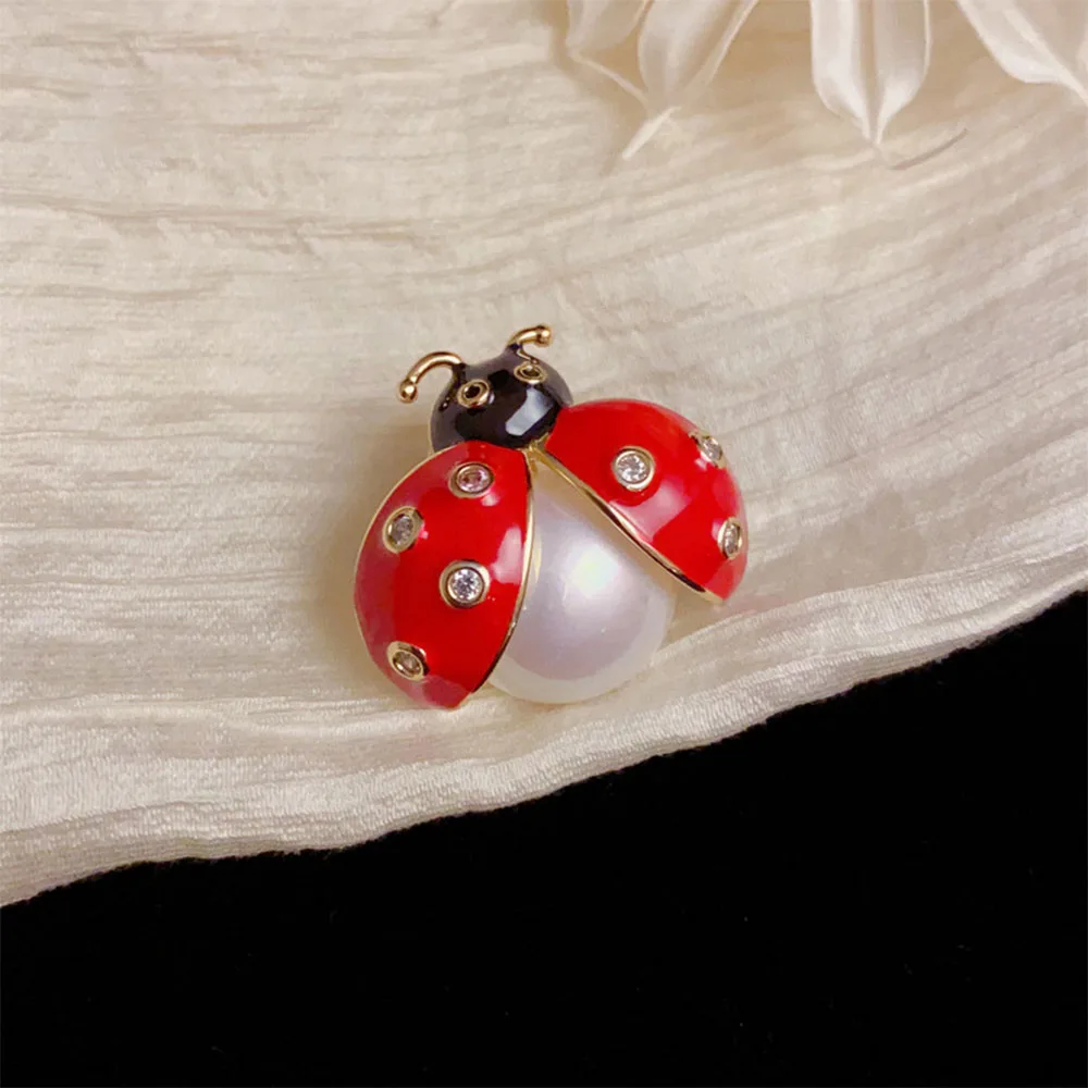 Exquisite Luxurious Zircon Pearl 14k Gold Plating  Ladybug Copper Brooch Pin Charm Insect Fashion Jewelry