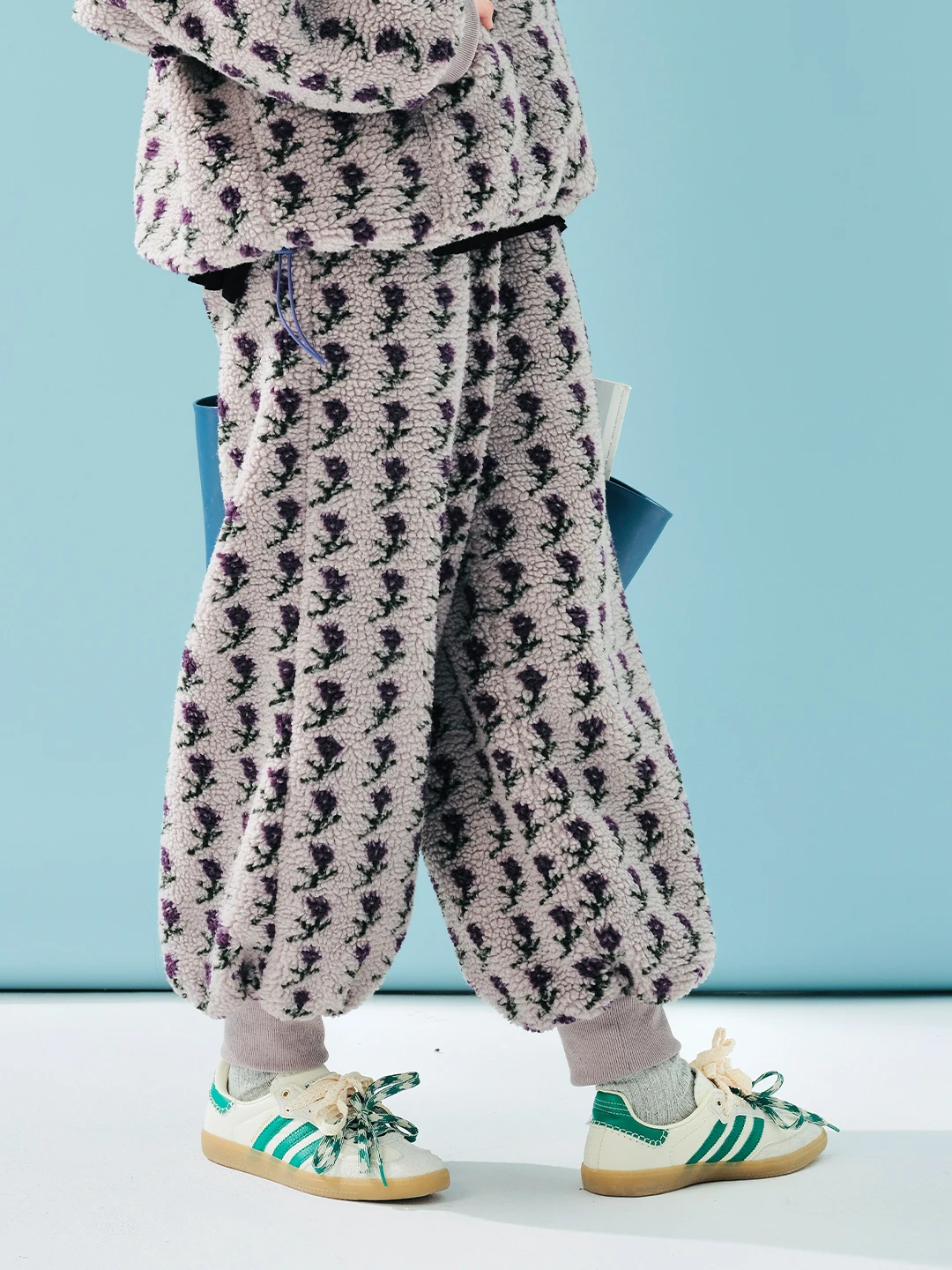 imakokoni Grey Purple Lamb Wool Pants Women's Winter with Thick Velvet Design and Small Flower Shrink Mouth Pants