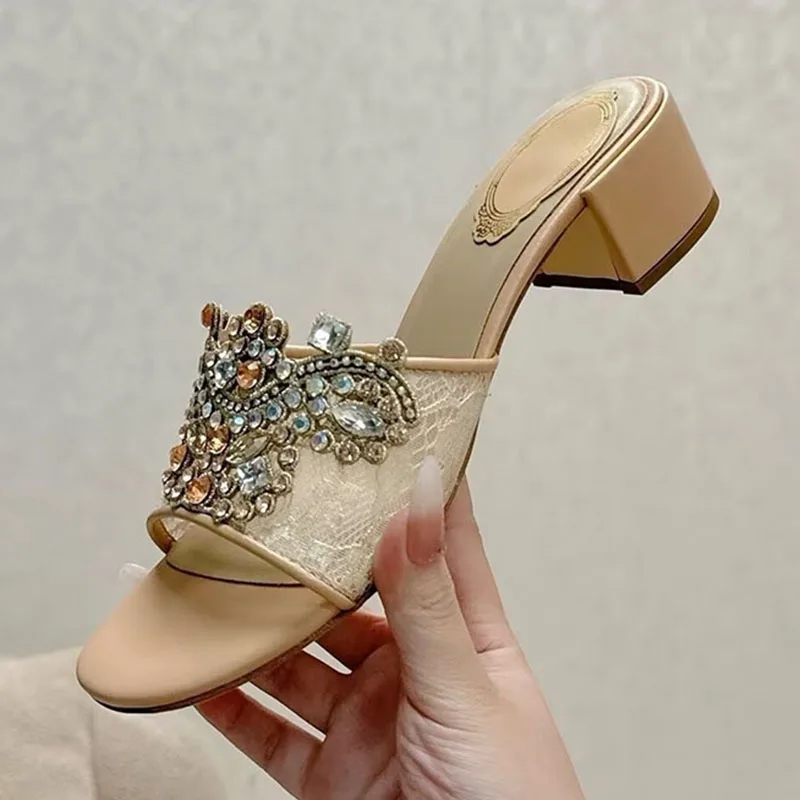 Bling Rhinestone  Decor Chunky High Heels Slippers Women Open Toe Fairy Sandals ladies Summer Fashion Party Banquet Shoes 2025