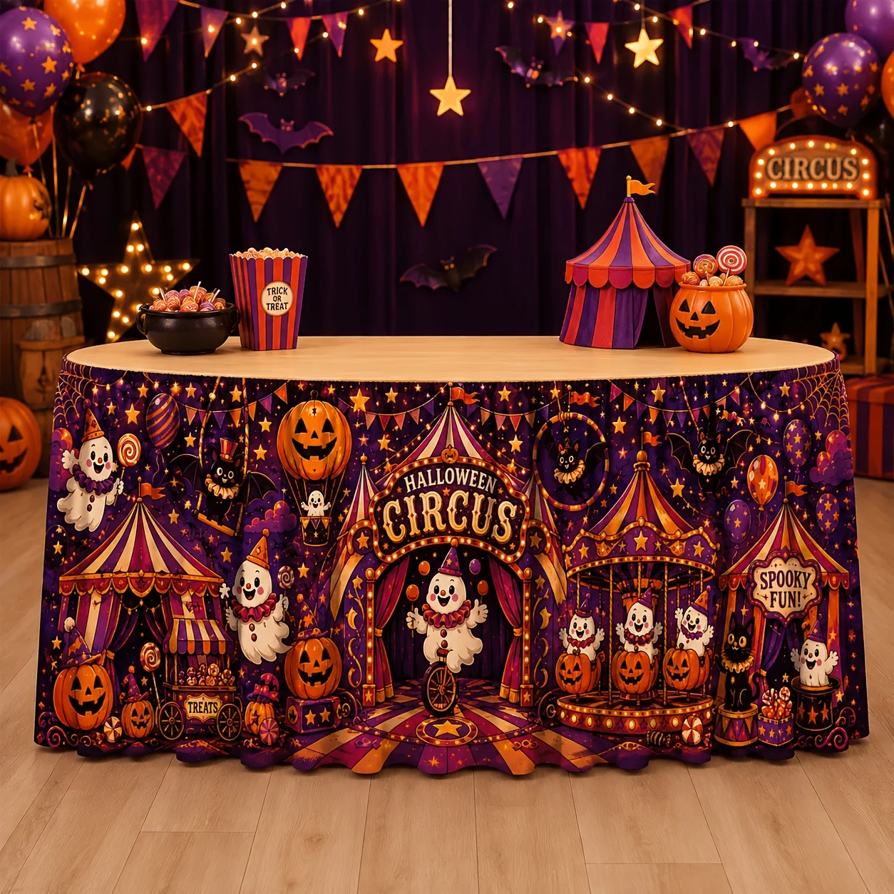 1 piece tablecloth table skirt decoration Halloween circus, colorful carnival ghost pumpkin bat candy tent decoration