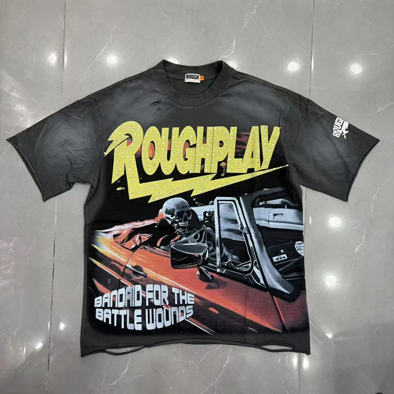2026 New Rough Play Men Women Casual Oversized Tee Rhinestone Lightning Skeleton Sports Car Print Destroyed Hem T Shirt
