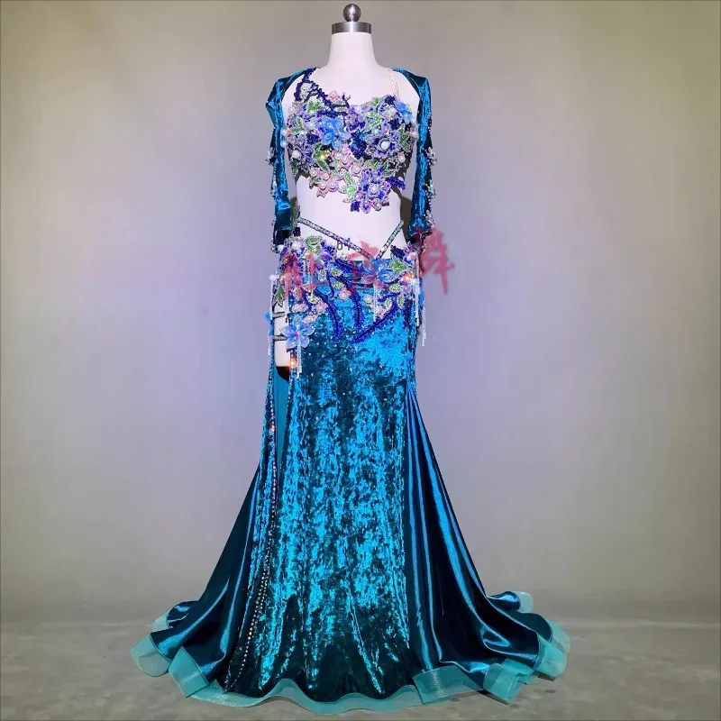 

Индивидуальный костюм для танца живота для женщин, бюстгальтер для восточного танца, египетский костюм для соревнований, длинная юбка с высокой талией