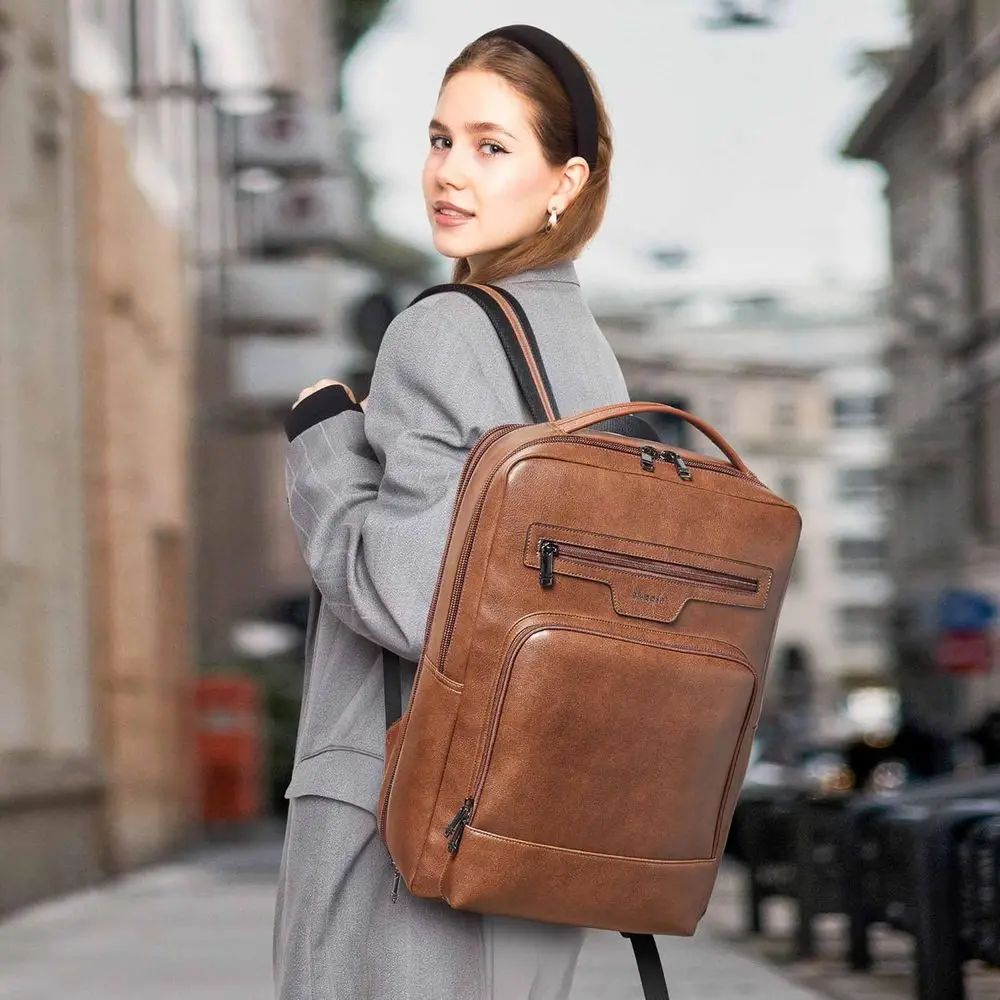 Shrrie Leather Laptop Backpack or Women and Men,28 L Travel Backpack Computer Bag its 16 inch Laptop,Expandable Casual Daypack w