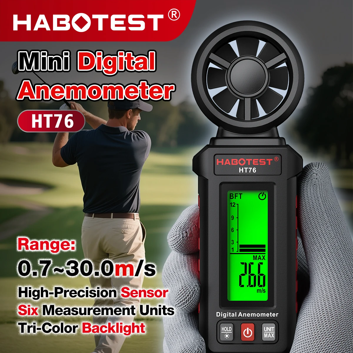 HABOTEST HT76 Digital Anemometer Handheld  Wind Speed Meter for Outdoor Sailing Drone Flying Weather Measurement Gauge