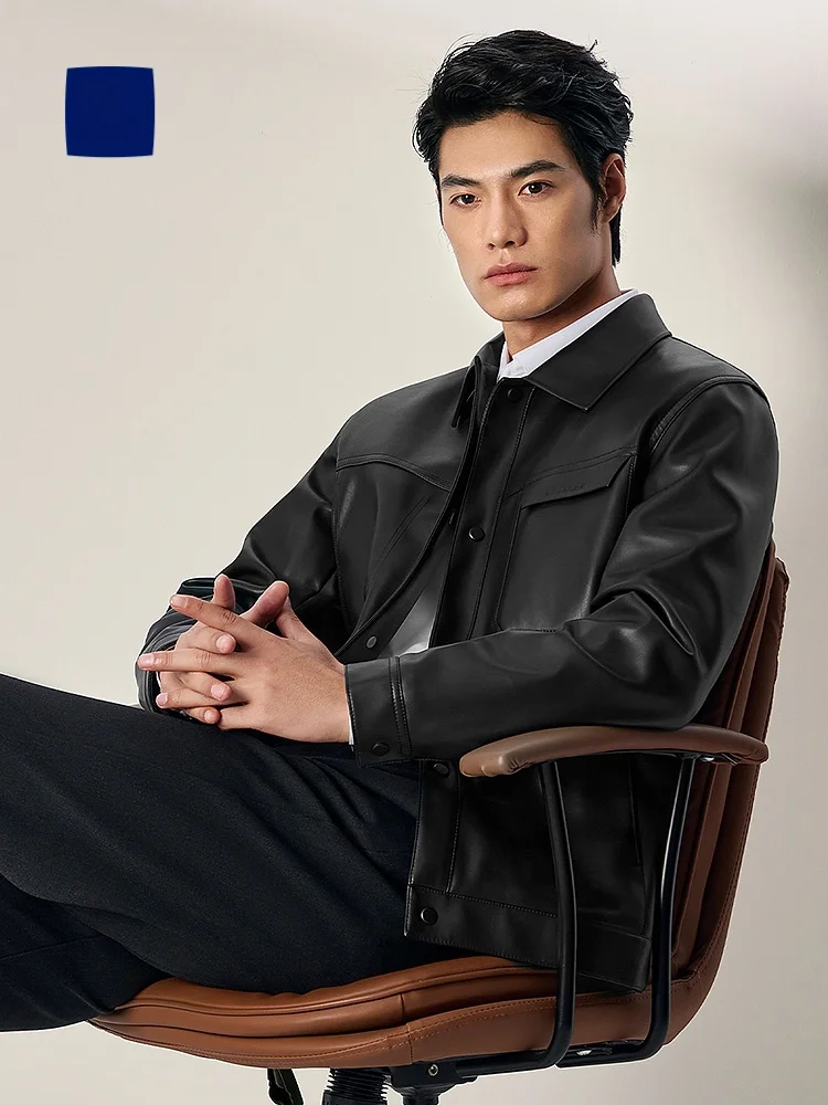 

Faionable Thiened PU Leather Jaet with Print Collar HLA Sea Horizon Men's Outerwear Stand Fit Long Sve Busin S...