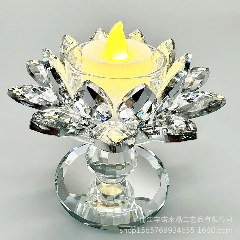 Crystal Lotus Flame Candle Holder European Style Plated Long Ming Lantern Oil Lamp Artificial Plants Home Decor