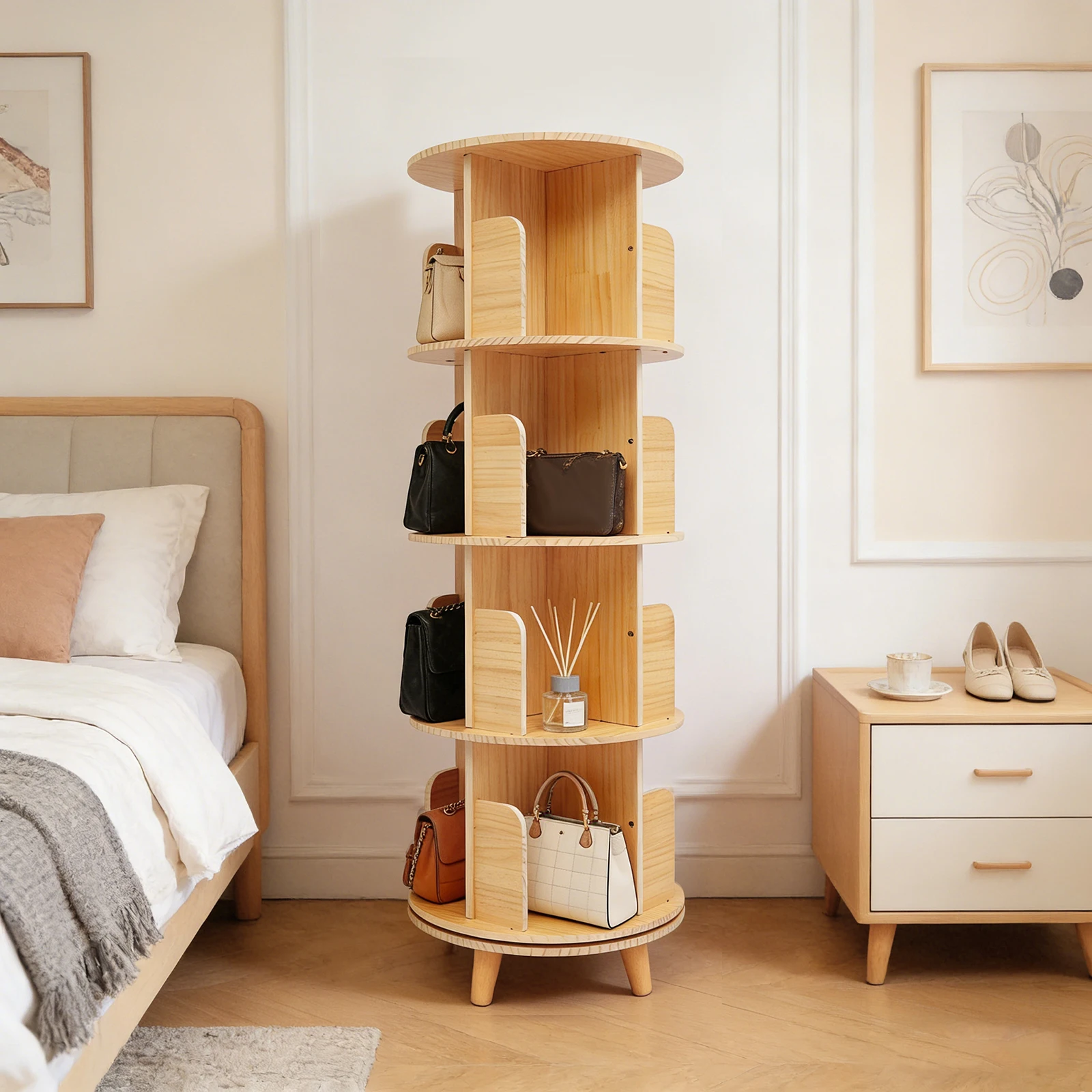 

4 Tiers Wooden Rotating Bookshelf, 360 Display Corner Bookshelf, Floor Standing Bookcase Storage Rack with Large Capacity