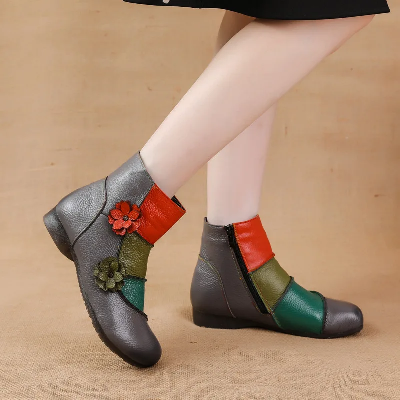 WOIZGIC Mother Women\'s Genuine Leather Boots Female Ankle Shoes Zipper Ethnic Style Autumn Plush Fur Warm Flower
