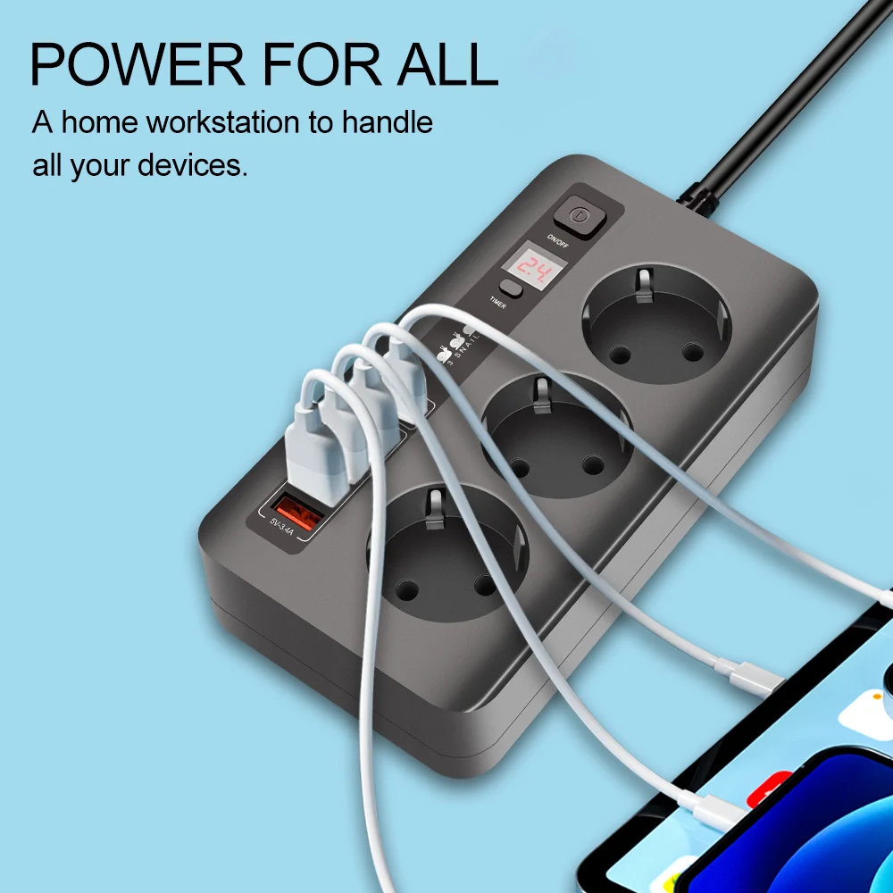 Smart EU Power Strip Timed QC3.0 USB Charger Hub 3 AC Outlet Socket Overload Protector 2m Extension Cable for Home Office Plug