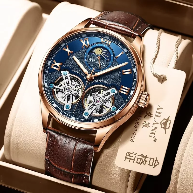 

Ailang men's watch double flywheel 2020new leather fashion stainless steel automatic Moon phase famous mechanical watch
