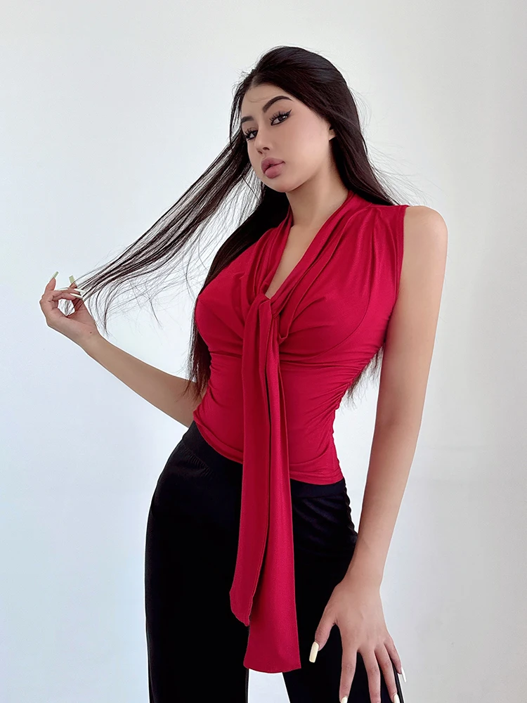 Sexy Korean Hot Women Tank Tops Pure Desire Pile Collar Vest Women Pleated Waist Short Sleeveless Top For Women 2024 New JK7X