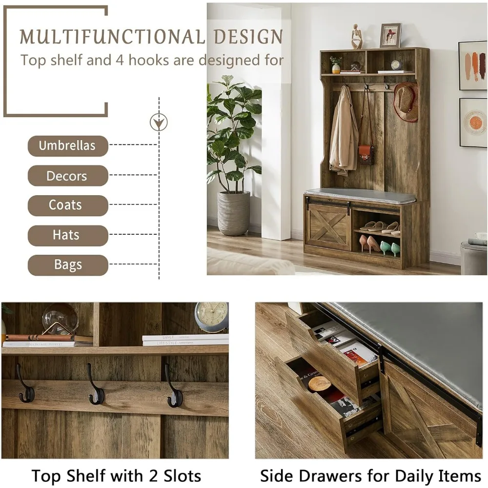 مقعد مدخل باب الحظيرة المنزلق مقاس 71 بوصة على طراز المزرعة مع رف معطف وتخزين للممر