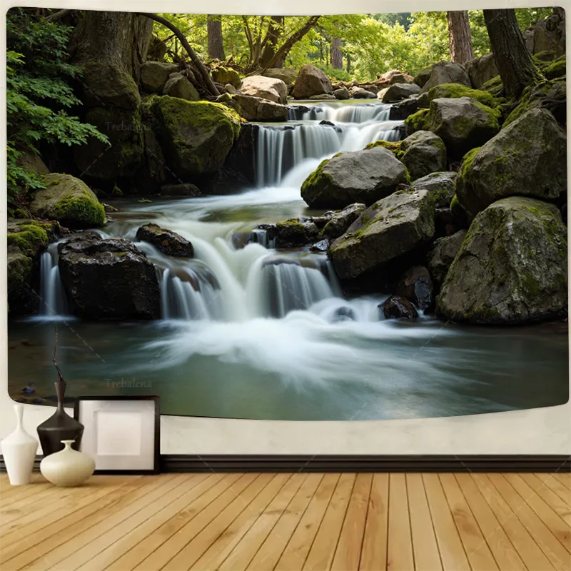 1pc Wall Tapestry Forest Stream Waterfall Tapestry - Nature Scenery Wall Hanging Art