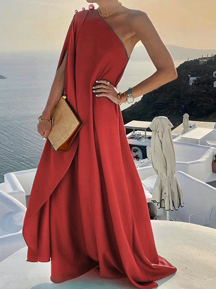 Women Sexy Off Shoulder Boho Long Dress Elegant One Shoulder Loose Party Dress 2022 Summer Fashion Button Solid Beach Maxi Dress