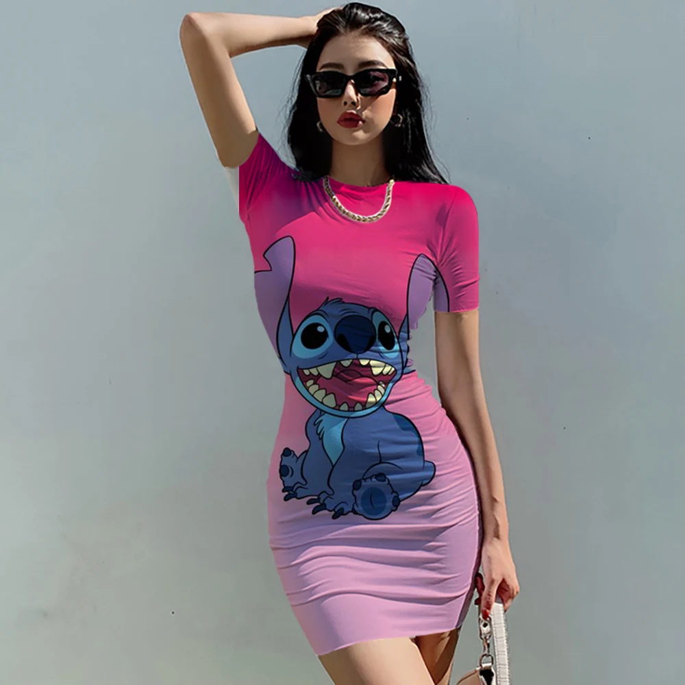 

Disney Stitch O Neck Sleeveless Mini Dress Ladies Summer Hip Tight Party Sexy Club Suit 2024 Cartoon Slim Pencil Short Vestido