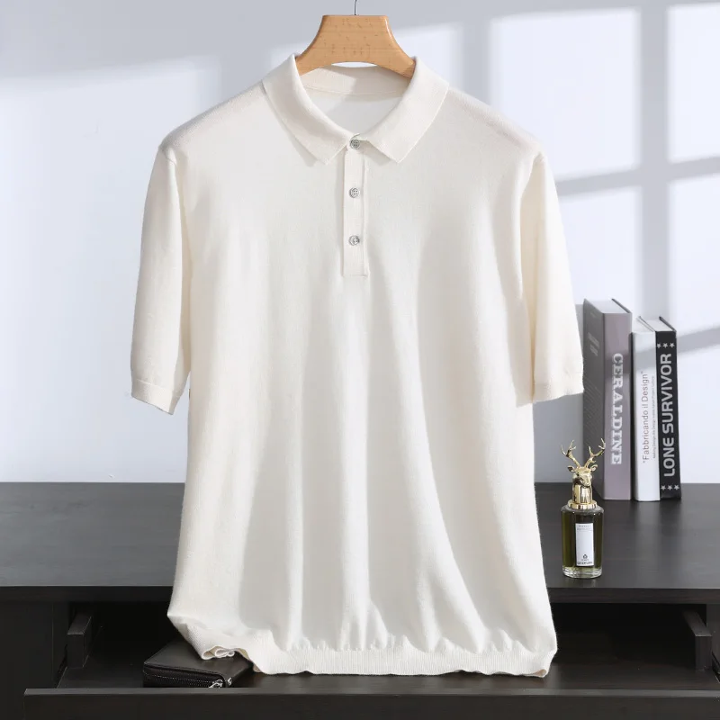 MVLYFLRT Men's Summer Short Sleeve POLO Neck Cashmere T-Shirt 100% Pure Spun Knitted Pullover Casual Loose Fit