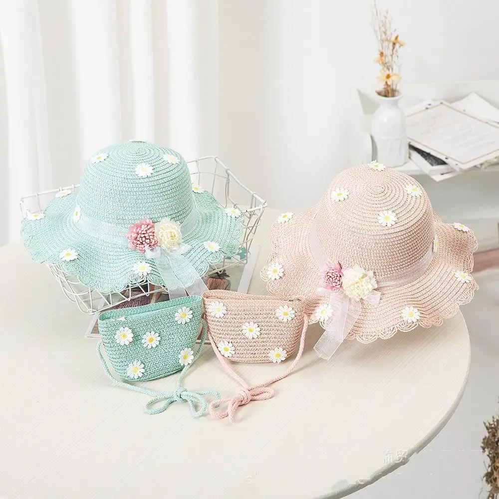 Travel 2-8 Years Wide Brim Straw Bag Cap Set Children Beach  Hats Fisherman Hat Sun Hat