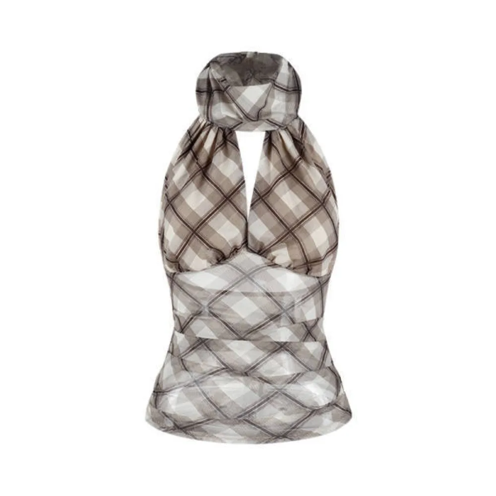 

Sweet Plaid Stripe Halter Sleeveless Camisole Lace Up Backless Slim Crop Tops Spicy Girl Style Pleated Suspender Vest Women Girl