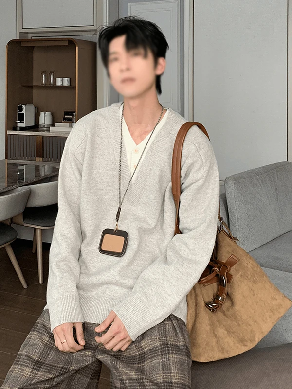 

Каштановый мужской вязаный свитер с v-образным вырезом, осень-зима, мягкая шерстяная смесь, свободный крой, модный дизайн из двух предметов