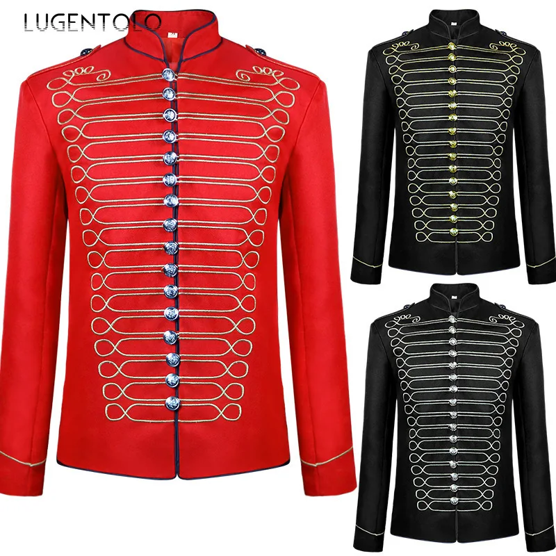 

Men Embroidery Medieval Jacket Prt Punk Retro Casual Single-breasted Male Court Costume Solid Straight Leg Coat Lugentolo