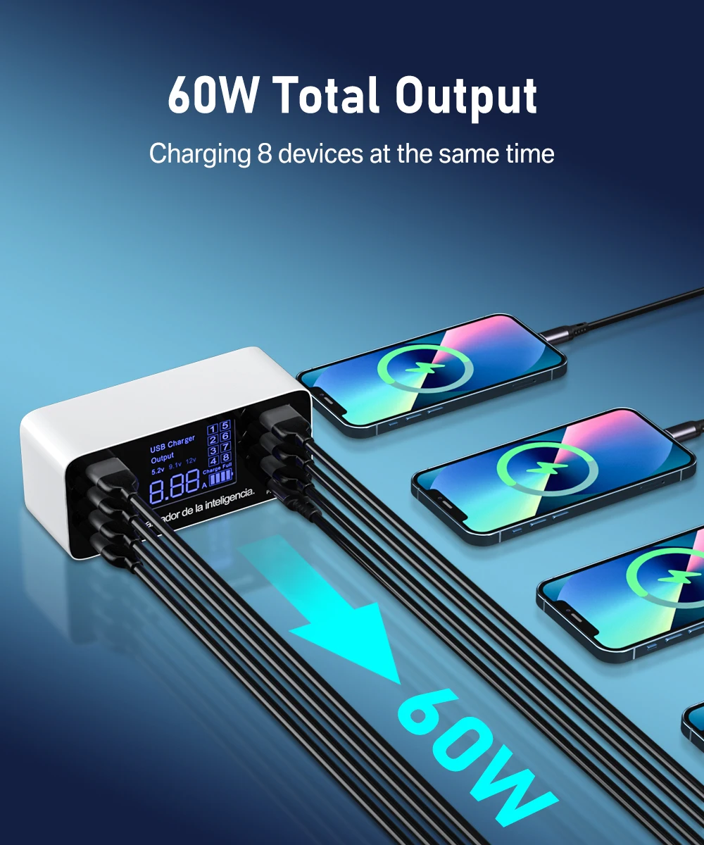 8 Ports USB Charger QC3.0 Quick Charge Phone Charger Adapter Type C 20W PD Fast Charger For iPhone 13 12 Samsung Xiaomi Huawei