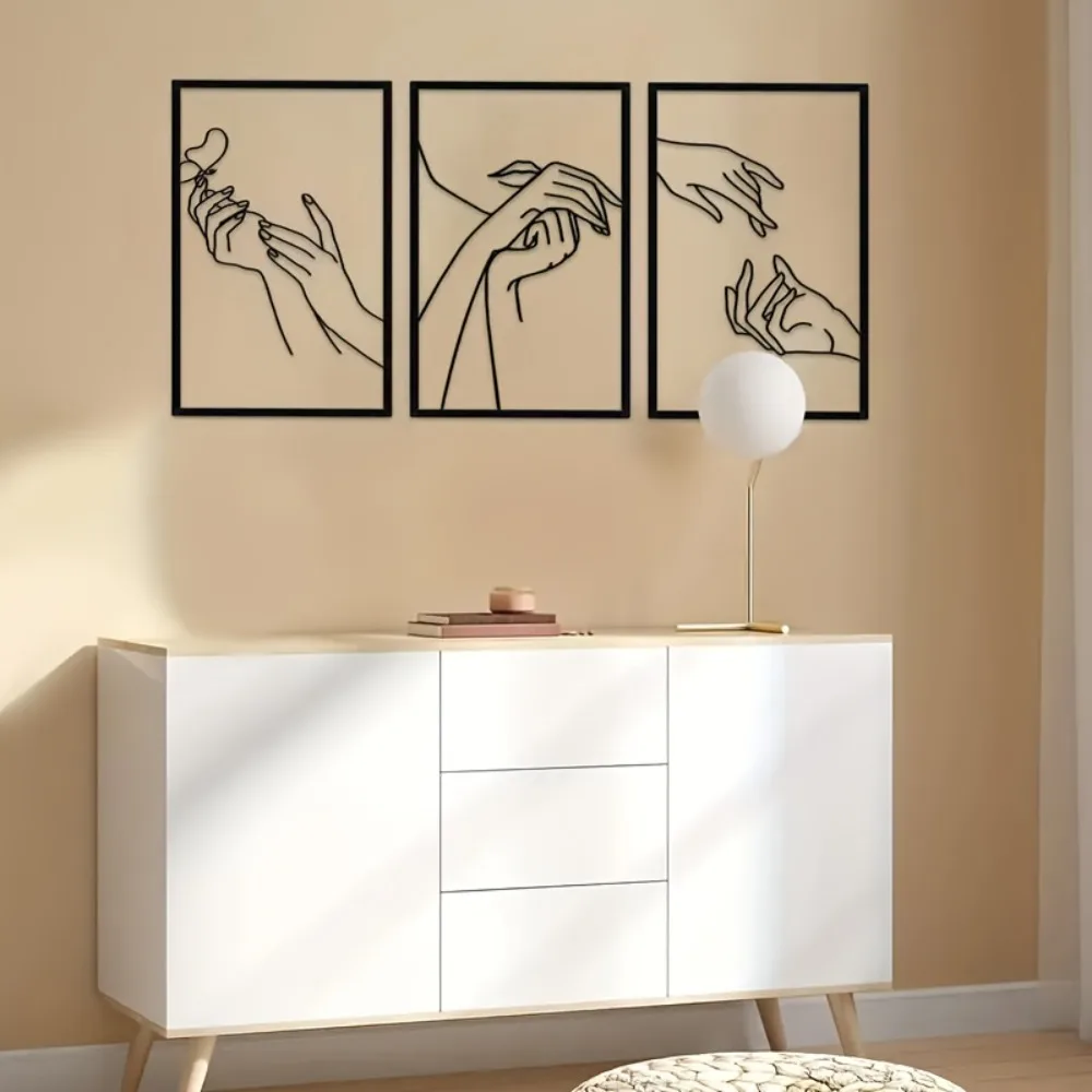 CIFBUY 3Pcs Black Metal Wall Art Hand Drawn Design Hanging Decor For Home Salon Scene Wall Sculpture Gift