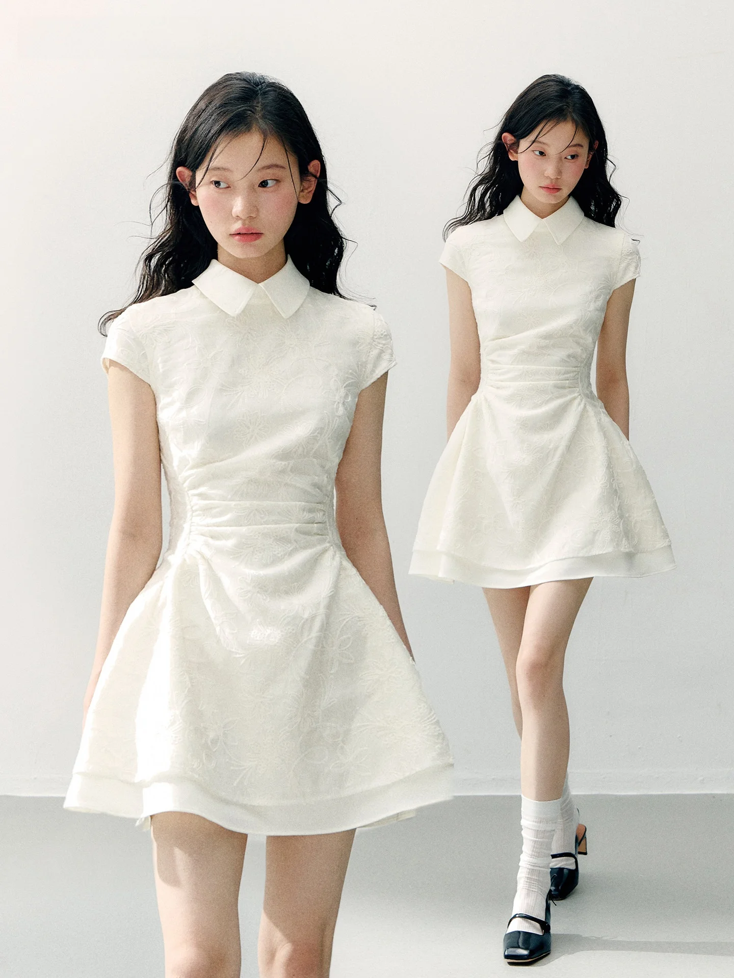 

Annatto Lace Embroidered Stand Collar A-Line Dress Women's Slim Fit Waist Cinched Fake Two-Piece Short Skirt Dress