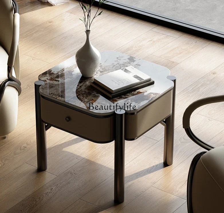 

FG10Modern Minimalist Stone Plate Light Luxury Bedside Table Creative Stainless Steel Bedroom Storage Cabinet