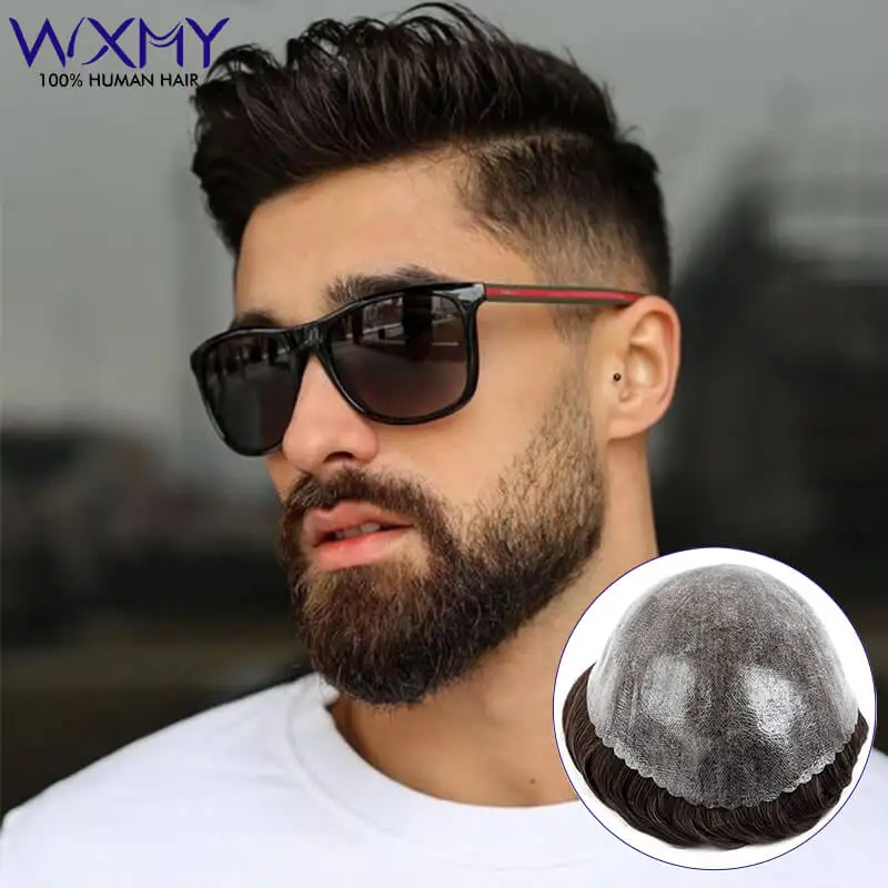 Wig pria palsu dasar kulit penuh 0.12mm rambut pria prostesis rambut manusia alami Wig pria Wig kapiler untuk sistem rambut pria