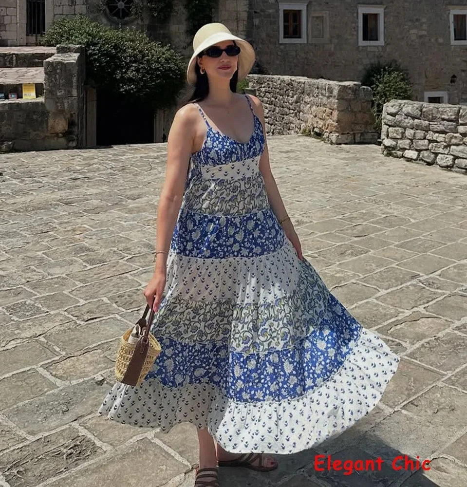 KONDALA レディース ブルー プリントドレス パッチワークプリント レイヤード スプライシング キャミ ロングドレス 新作 2025 夏 秋 ファッション ビーチ パーティー ドレス
