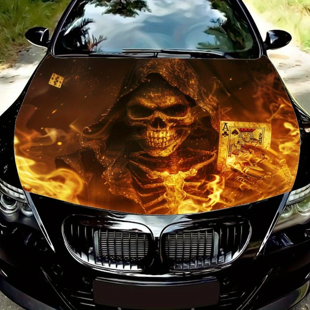 火の神秘的な影：スケルトンのポーカーゲームデザインカービニールラップ、ビニールカーフードグラフィック、ユニークな質感のビニール素材