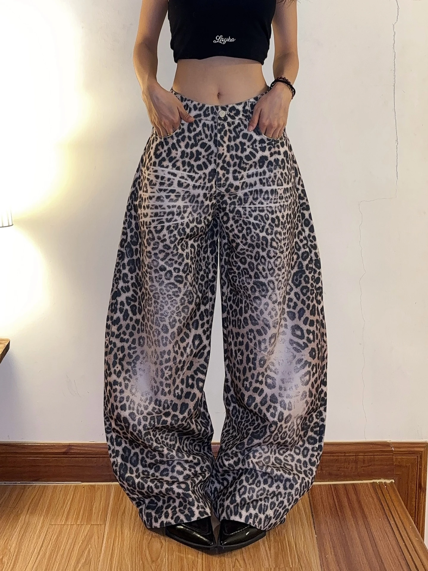 

Retro Washed Leopard Print Casual Wide Leg Pants Men Women Loose Fit Floor Length Drapey Trousers DoubleD Knife Pants