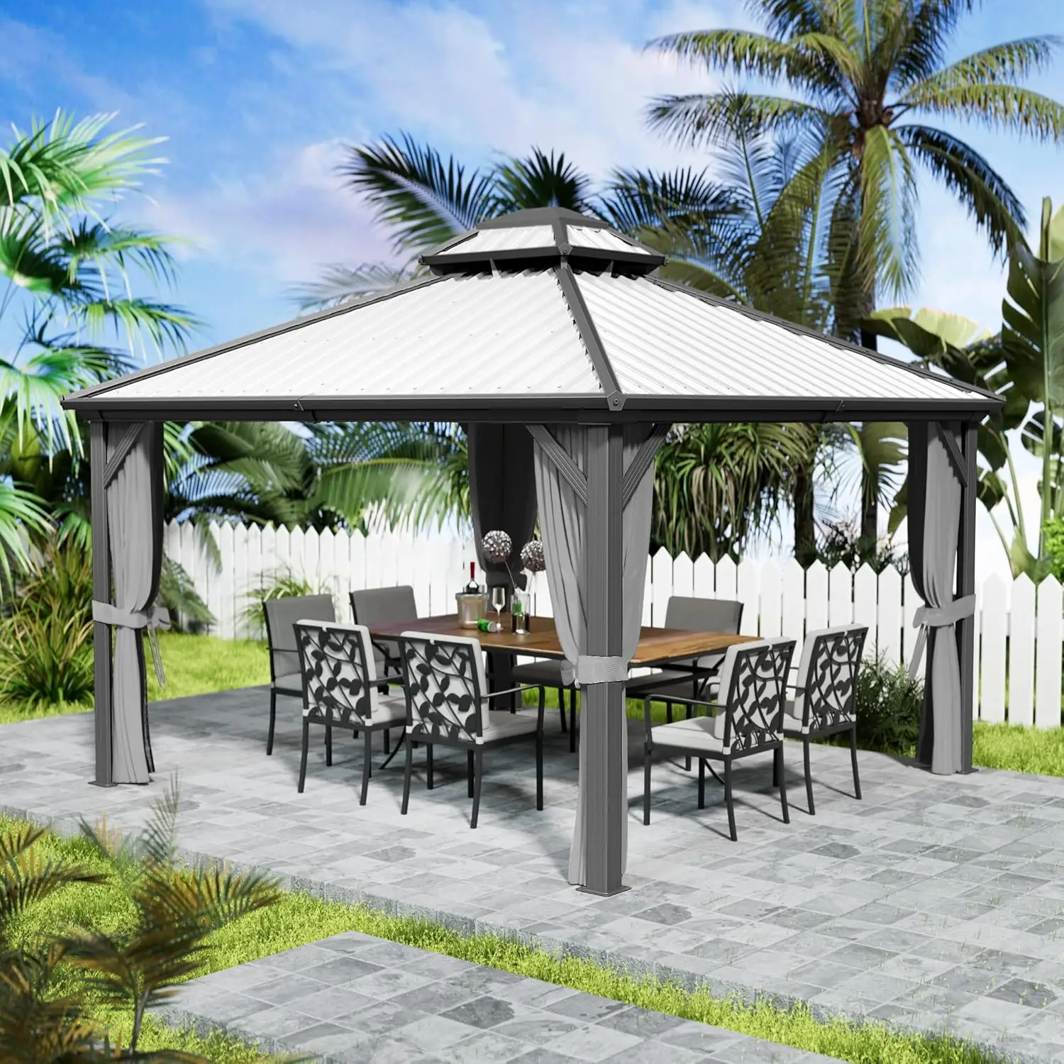 

12'x12' Hardtop Gazebo Permanent Metal Pavilion with Netting and Shaded Curtains for Patio Backyard and Deck Galvanized Steel