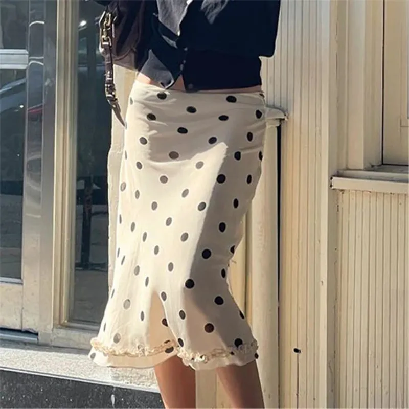 Y2k Fairy Coquette Skirts Dress Women's Midi Skirt See Through Low Rise Ruffled Hem Dot Pattern White Black Mesh Sheer Skirt