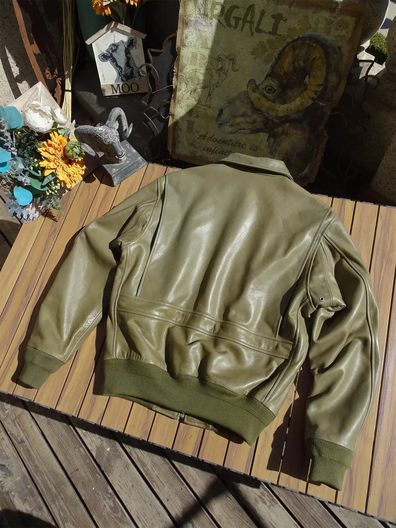 الرجال الأمريكيين جلد البقر الحقيقي معطف جلد طبيعي حقيقي سترة قصيرة عادية النمط العسكري الأخضر ربيع الخريف القماش الذكور