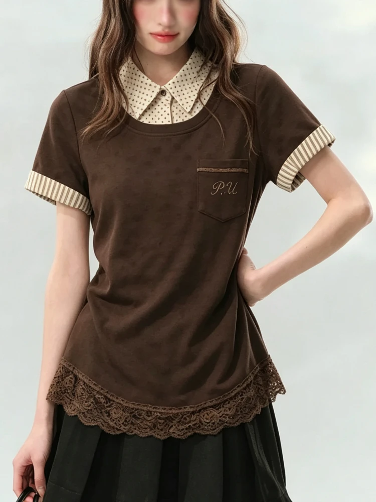 2026 Y2K French Vintage Office Lady Fake Two Piece T Shirts Women Turn Down Collar Korean Fashion Elegant Crop Tops Tees