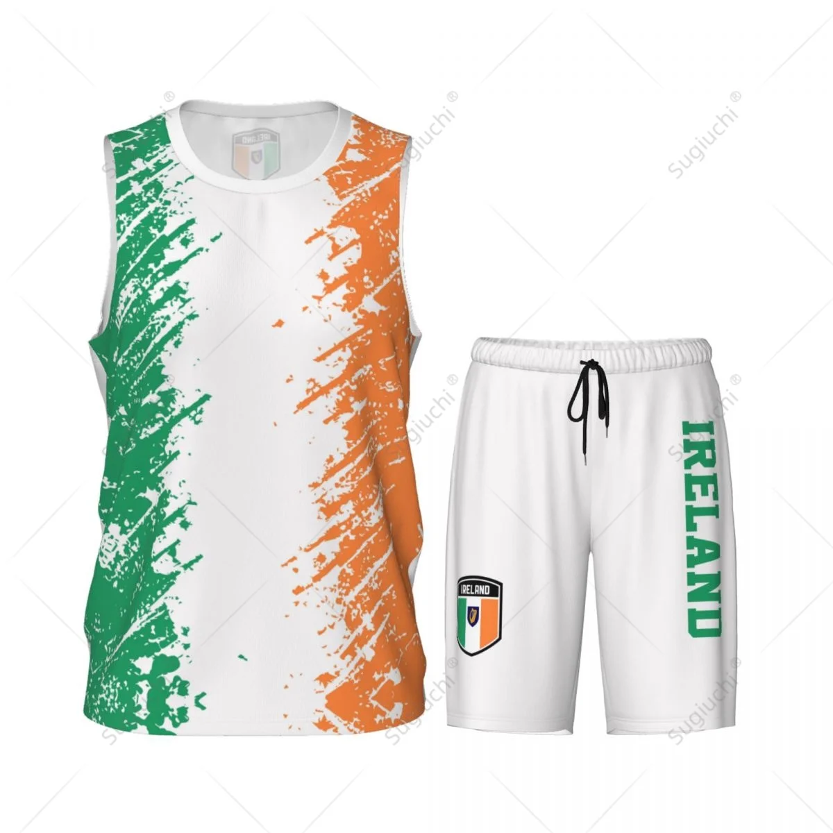 Ireland Flag Grain Men Basketball Set Shirt & Pants Sleeveless