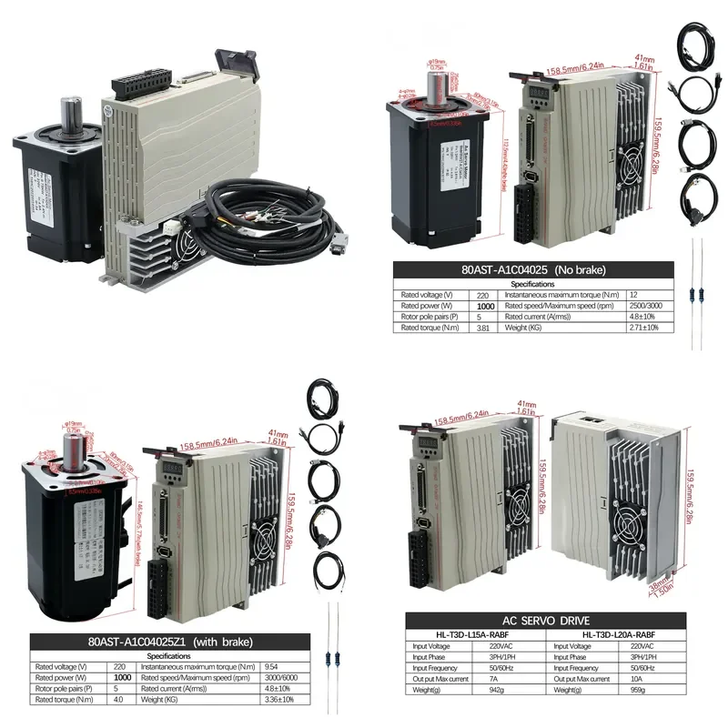 for Single Phase 220V AC Servo Motor Kit 1000W 1KW 2500rpm with 17 Bit Absolute Encoder Waterproof Brake Drive System