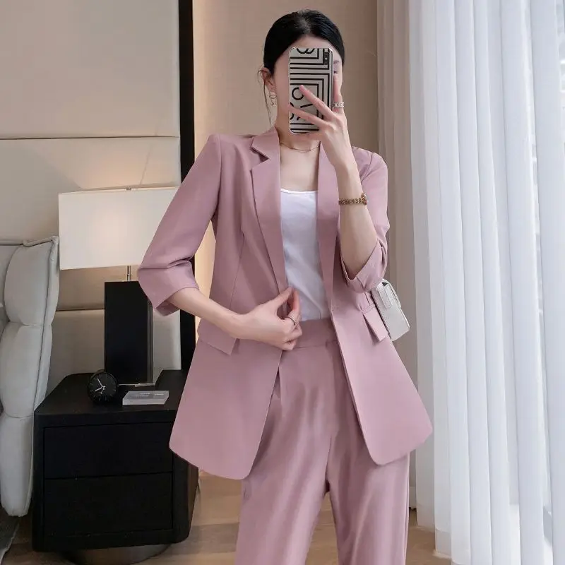 2024 Summer New Candy Color Unlined Thin Jacket Blazers Pencil Pants Two Piece Set Elegant Women\'s Office Business Set