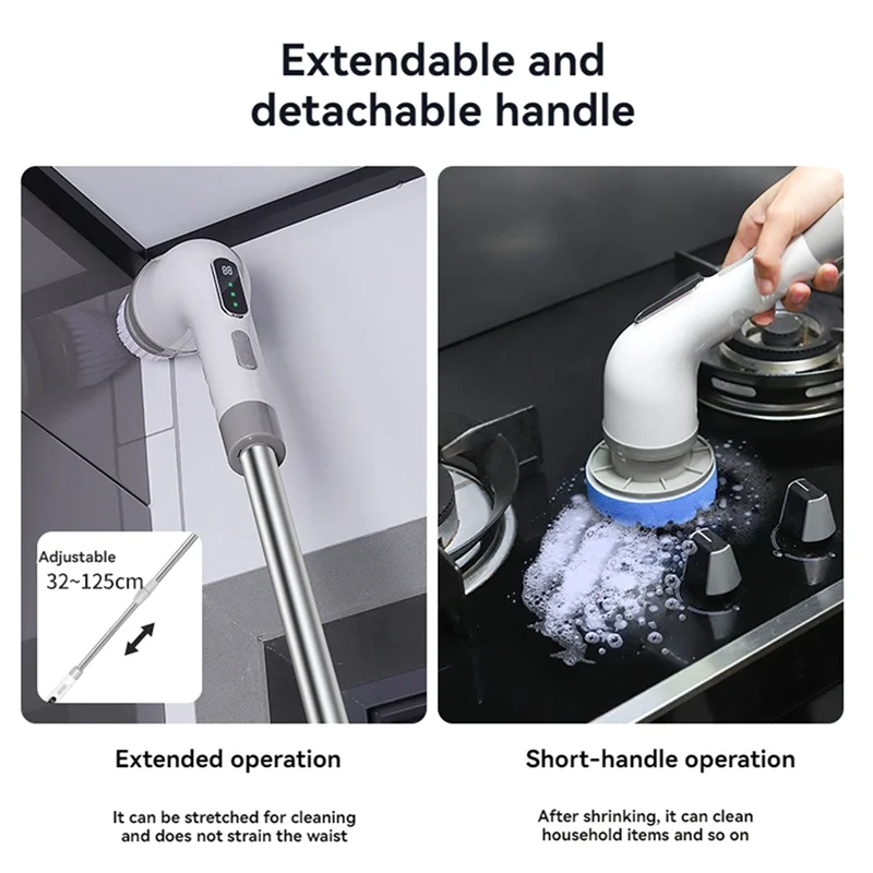 N02R-Spazzola per pulizia elettrica multifunzionale Lavapavimenti portatile telescopico con ricarica wireless a 9 teste per uso cucina e bagno