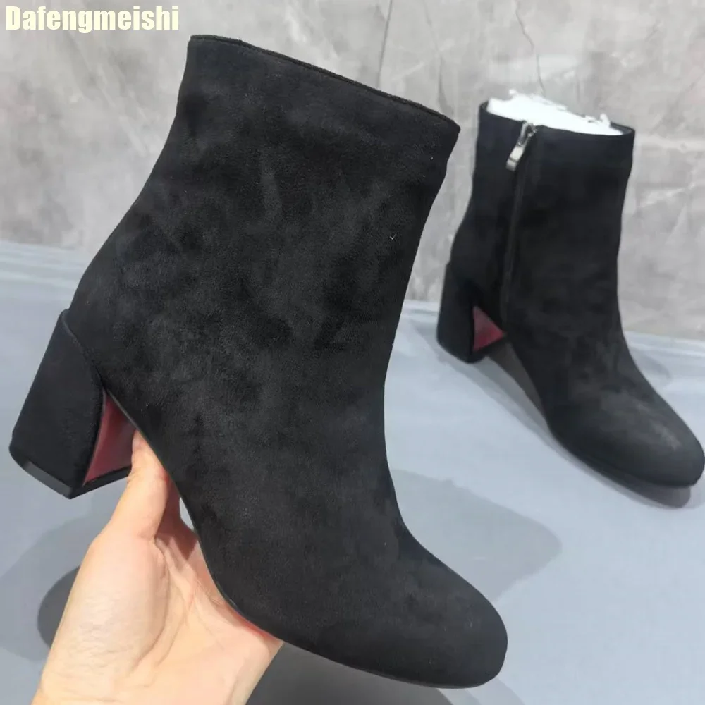 

Winter Cashmere Leather Round Toe Women Boots Chunky Heel Size Zipper Suede Ankle Boots 2025 New Fashion Black Short Boots