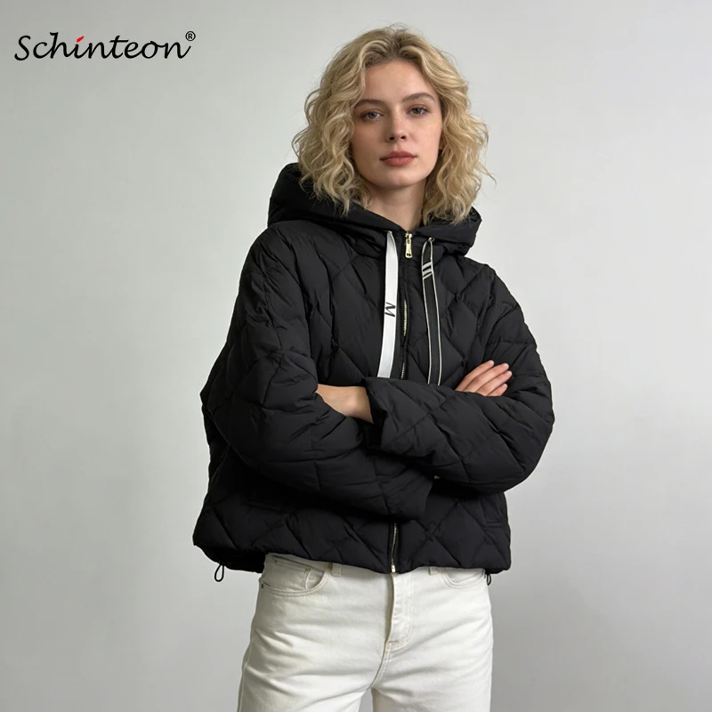 Schinteon Women's White Duck down Jacket with Hood Casual Loose Argyle Warm Autumn Winter High Quality Outwear 2026 New Coat
