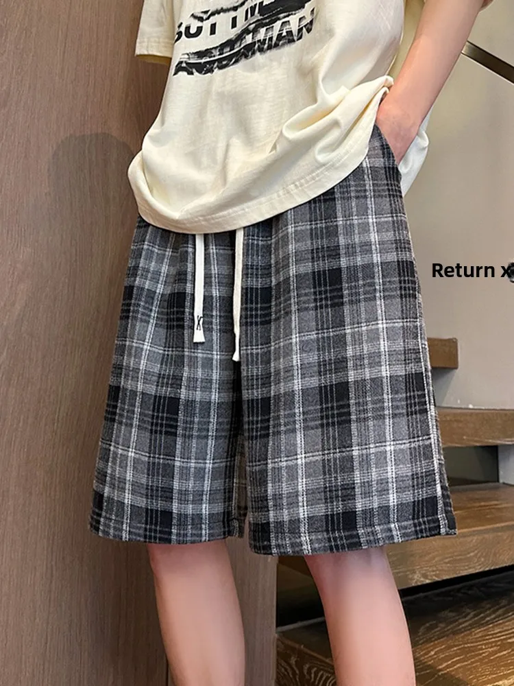 

Red Plaid Men's Summer orts Loose Fit Five-Quarter Length Casual Outerwear Trendy College Sle Mid-Waist Polyester Fiber