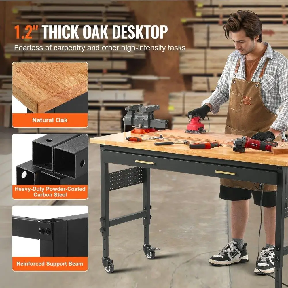 60-inch Adjustable Height Workbench with Wheels Power Outlet and Drawer