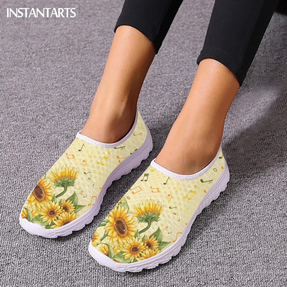 Sunflower Black Prints Women\'s Casual Flats Lightweight Slip-on Mesh Shoes Comfortable Slip-on Tennis Shock Absorption Footwear