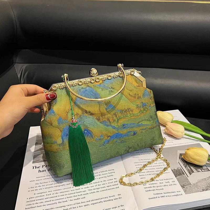 Chinese Style Women's Bamboo Joint Portable Clip Bag Guochao Antique Style Thousand Miles Jiangshan Map Fashion Chain Dinner Bag