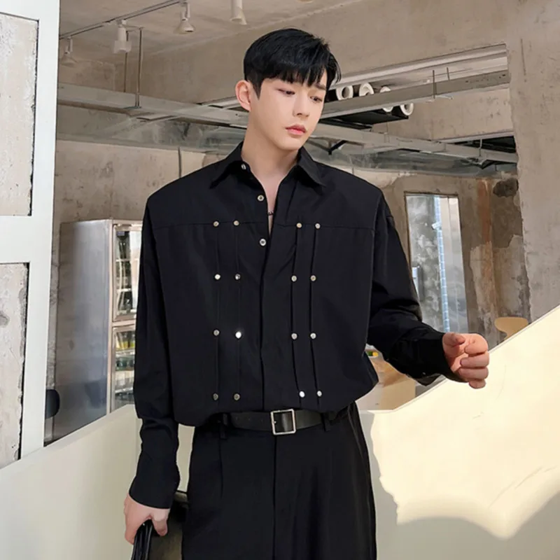 Fashion Men Multi Ruffle Shirts Rivet Lapel Long Sleeve Solid Blouse Streetwear Autumn Chic Loose Casual Camisas