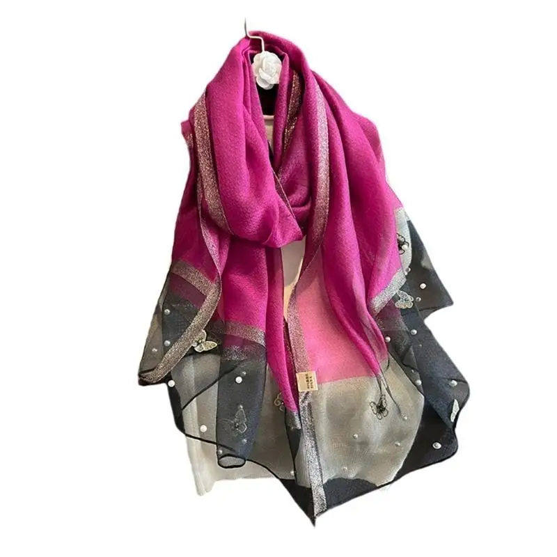 

652F Women Shawl Beaded Silk Feeling Scarf Women Hijab Shawl Stole Wrap Fashionable Accessory
